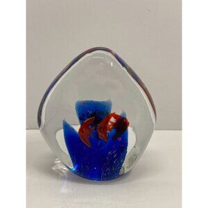 Double sided fish swimming in ocean art glass paperweight